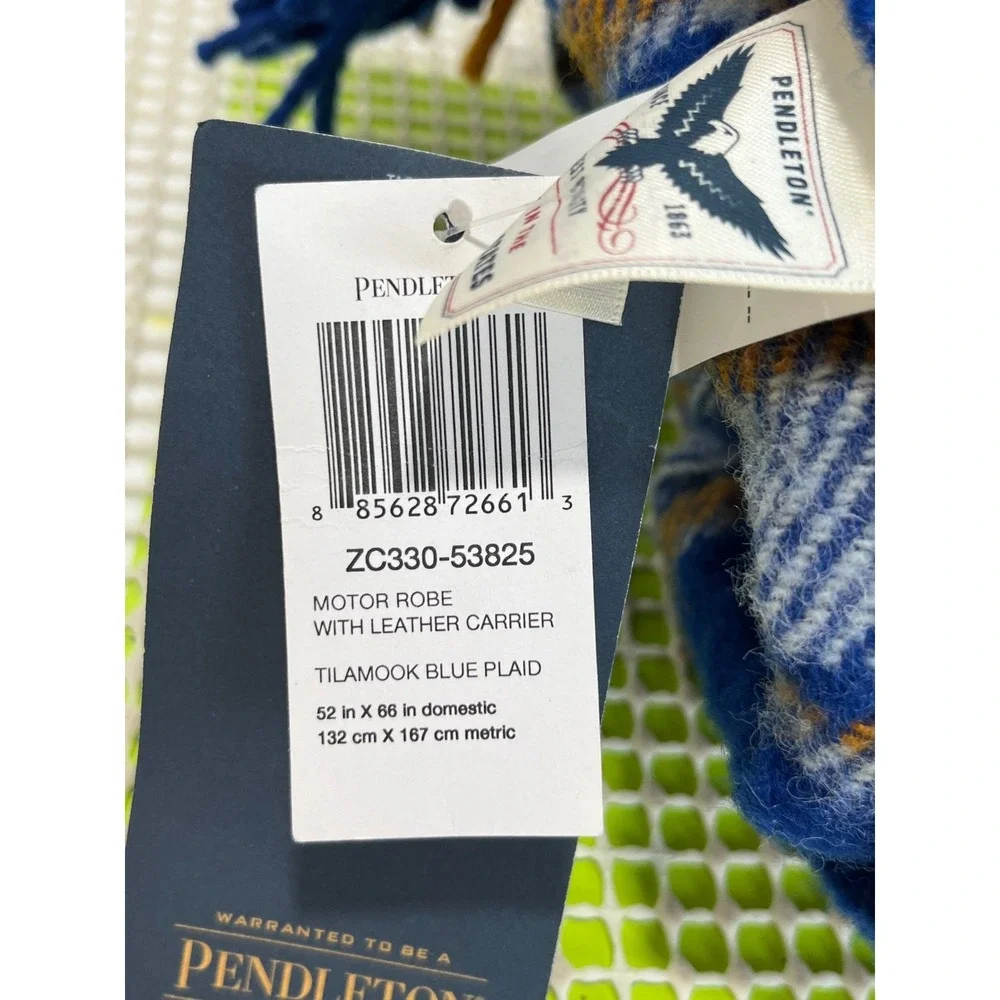 Pendleton Tillamook Blue Plaid Wool Motor Robe Leather Carrier 52in x 66in NEW
